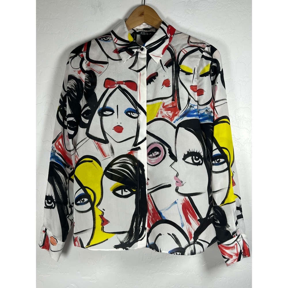 Alice + Olivia x Blair Z Willa Placket Silk Pop Art Button Down Blouse Top Small - Picture 2 of 14